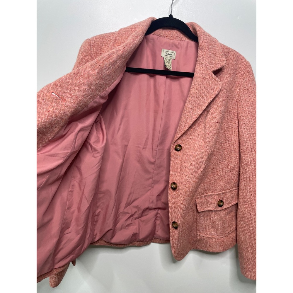 LL Bean Womens Coral Pink Herringbone Wool Silk‎ Blend Blazer Jacket L Old Money - Picture 6 of 9